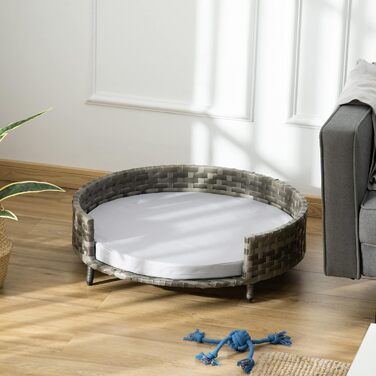 Лежак PawHut для собак і котів з подушкою, ротанг, сірий, 75x75x20 см
