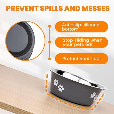 PETTOM Миски для собак 2 шт. з нержавіючої сталі (3120 мл), миски для корму для собак, миски для води з неслизьким силіконовим дном для великих, середніх та маленьких собак, сірі, 21 см