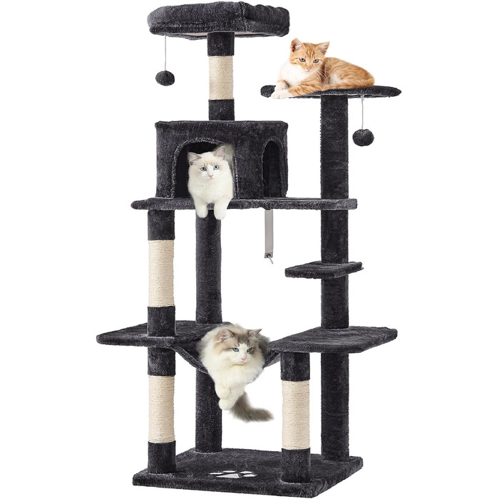 Кігтеточка для котів MSmask велика, 150 см, сіра, з 2 платформами, 2 будиночками, гамаком та сизалевими стовпчиками