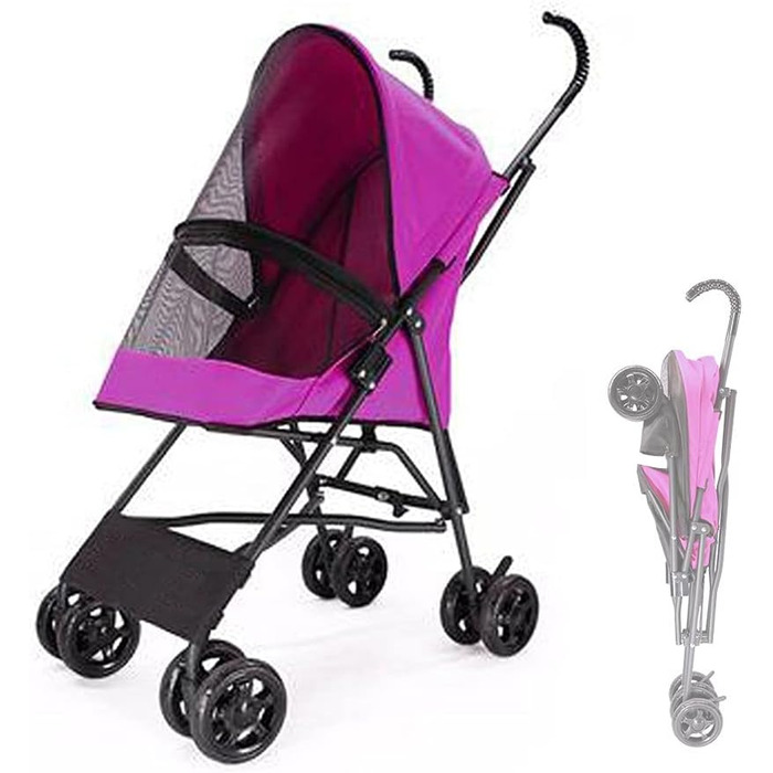 Легкий візок для собак та котів до 10 кг, чорний/рожевий, з регульованим дашком, без встановлення