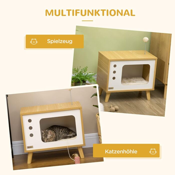 Будиночок для котів PawHut у стилі ТВ з іграшкою, котяче ліжко з подушкою, кошик для кота, дерево, бежево-білий, 50x28x43 см