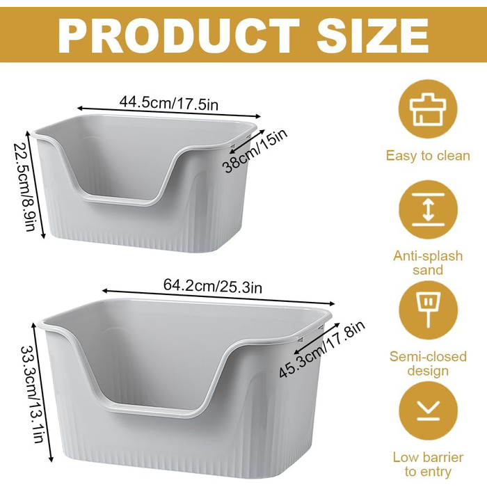 Відкритий лоток для котів Duscdesp 64x45x33 см з високим бортиком, сірий. Великий лоток для котів, без кришки, стійкий до розбризкування, підходить для великих котів та кошенят.