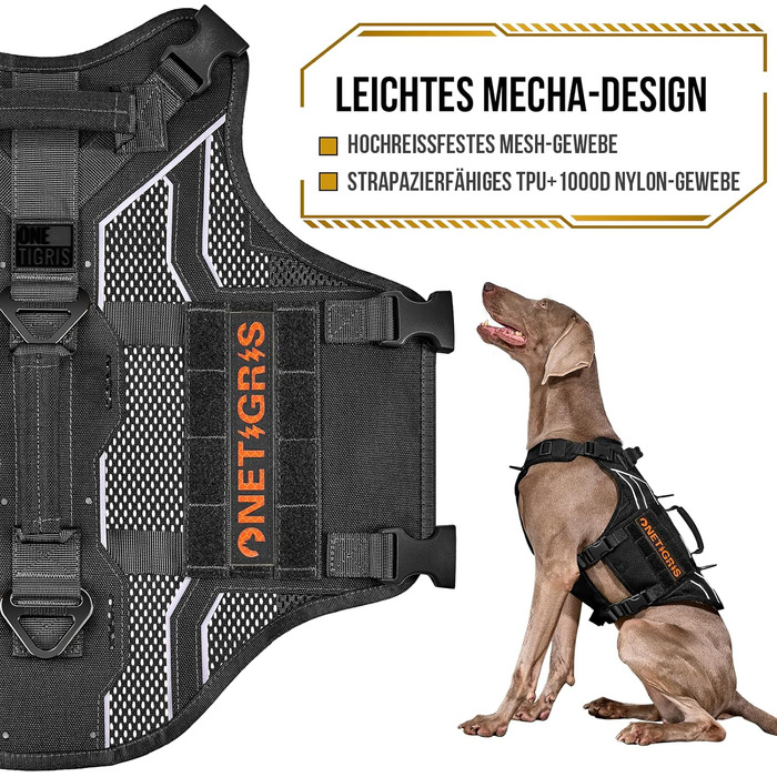 Шлея для собак OneTigris AIRE Armor Mesh, регульована, з 2 ручками, 3 D-кільцями, не тягне, світловідбивна, дихаюча, для великих і середніх собак, чорна, розмір L