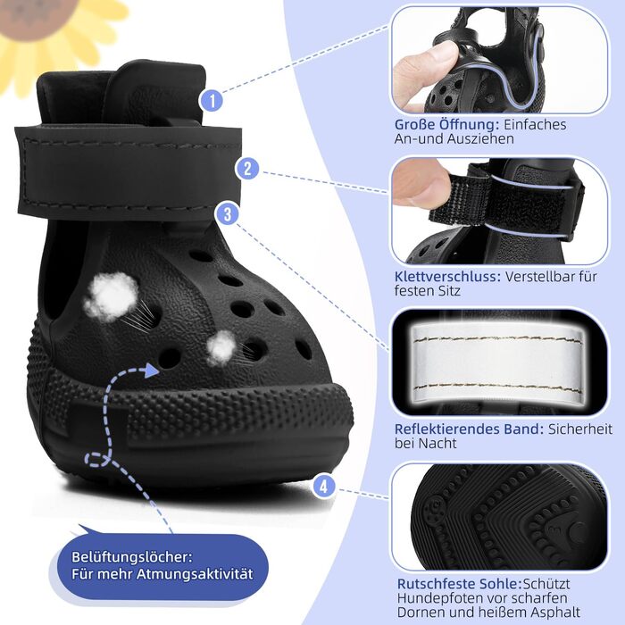 Чоботи для собак Eyein: захист лап влітку, дихаючі, антиковзкі, з регульованими світловідбиваючими смугами, для маленьких, середніх та великих собак, легко одягаються та знімаються (Чорний, Розмір 6), ширина 5.5 см