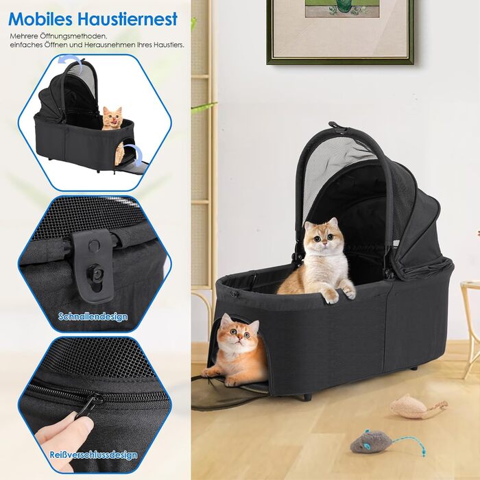 Візок для собак Mamizo 3-в-1, до 30 кг, з сумкою, для малих/середніх собак і котів, чорний, тканина Леїнен