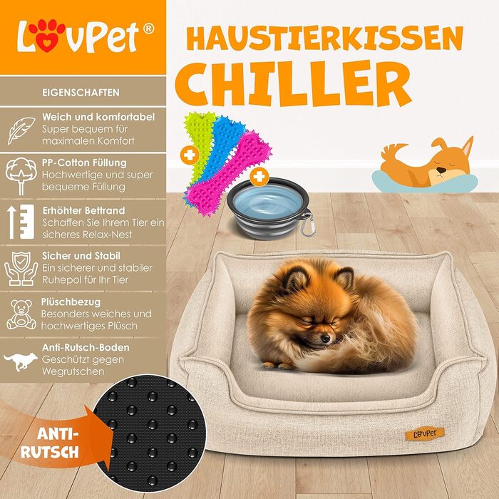 Лежак для собак Lovpet Chiller XL 110x75x27 см, знімний чохол, миска та 3 кісточки, для малих, середніх і великих порід, бежевий