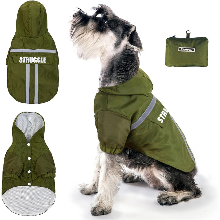 Дощовик для собак PETCUTE: водонепроникний, дихаючий, з капюшоном, XL, оливковий