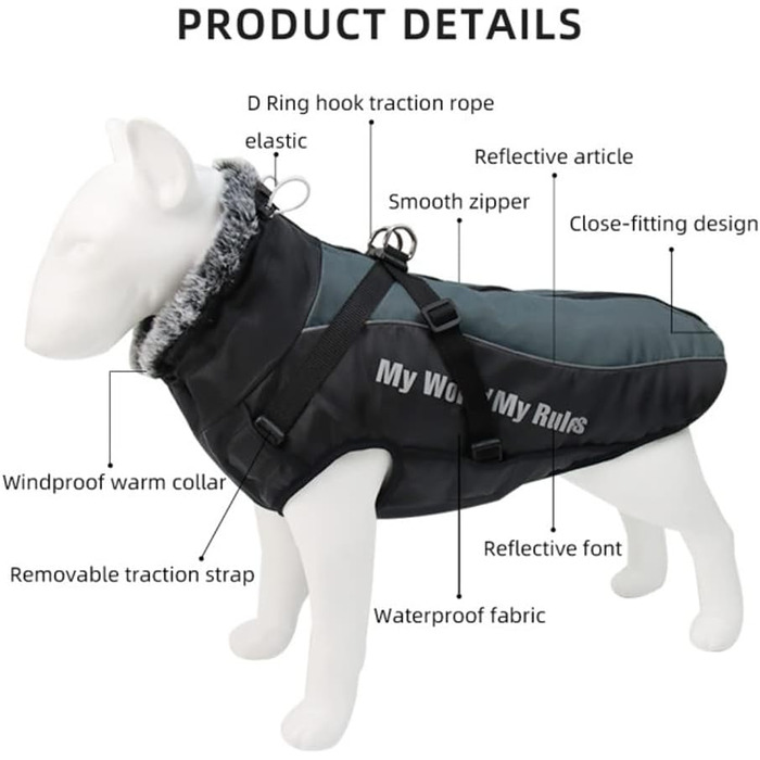 Водонепроникна зимова куртка для собак з шлейкою, великий розмір 6XL, чорний колір