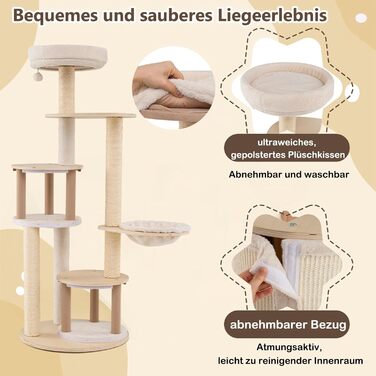 Дерев'яний кігтеточки Costway 143 см: кігтеточки з товстою колоною, сизаль, платформа, сизалеве покриття, іграшковий м'ячик та сходинка. Активний комплекс для котів, 143 см.