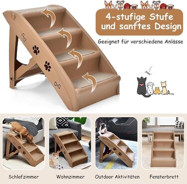 Сходинки для домашніх тварин GYMAX з 4 сходинками, складані, з пластику, з неслизькими підкладками, 4 килимками, трикутною структурою, для котів та собак (колір кавовий)