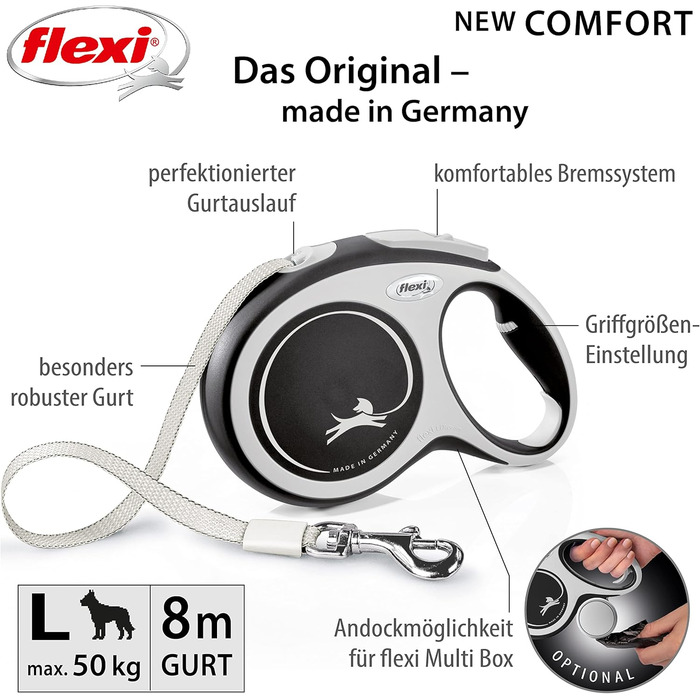 Рулетка для собак Flexi New Comfort, трос 8 м, до 50 кг, чорна, розмір L