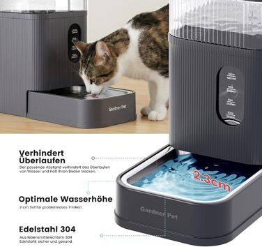 Автоматична поїлка для собак та котів Gardner Pet 8.5л, нержавіюча сталь, гравітаційна, безшумна, сіра. Поїлка та годівниця 2в1, BPA-free