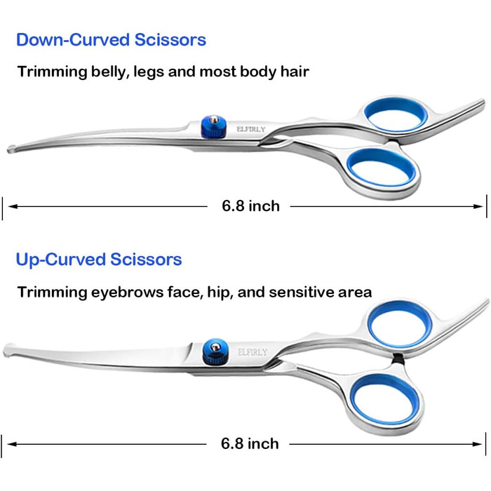 Набір професійних ножиць для грумінгу собак Elfirly: нержавіюча сталь, заокруглені кінчики, витончене лезо, ножиці для розрідження, ножиці для вигину, набір для стрижки шерсті тварин з тримером для нігтів для собак і котів, блакитний