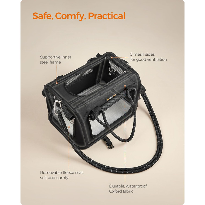 Транспортна сумка Feandrea для собак та котів, складна, чорна, розмір S (до 5,9 кг), з металевим каркасом та повідком