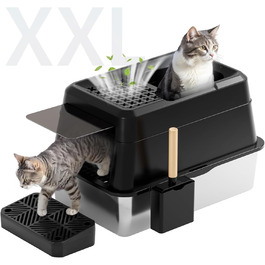 FRETONBA туалет для котів з нержавіючої сталі XXL, 26 л, високі стінки, герметичний, легке очищення, з кришкою, педаллю та лопаткою, чорний