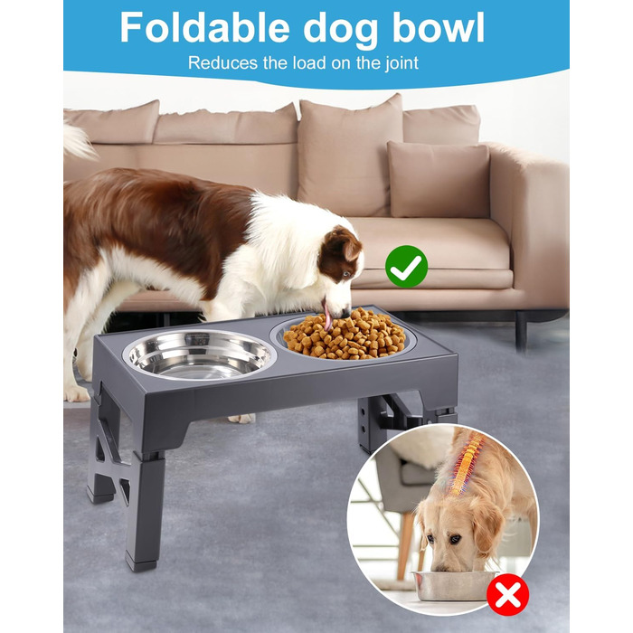 Підвищена годівниця для собак Тоарен, 2 миски з нержавіючої сталі, регульована висота, для великих, середніх та маленьких собак