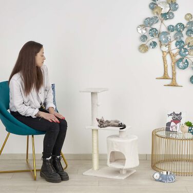 Baroni Home Когтеточка для котів і кошенят, 2-рівнева, з ігровим м'ячем і будиночком, 40x30x78 см, кремова