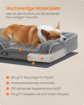 Ортопедичне ліжко для собак Feandrea середнього розміру, вологостійке, знімний плюшевий чохол, 91 x 68 x 16 см, сірий PGW252G02 L