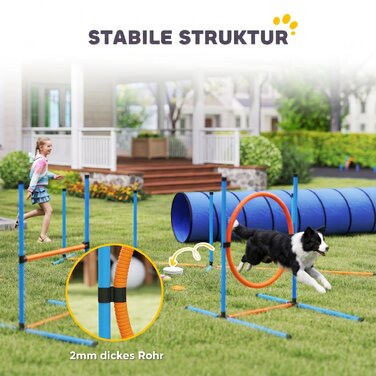 Набір для дресирування собак (Agility), 8 предметів: тунель, слаломні стійки, регульовані бар'єри, кільце для стрибків, миска