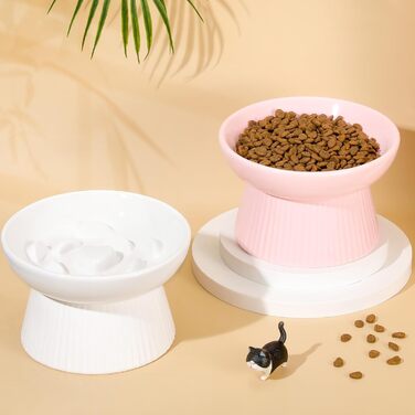 Підвищені миски для котів Layhit з кераміки, проти блювоти, повільне годування, для сухого та вологого корму, кошенята, 2 шт. (рожевий / білий)