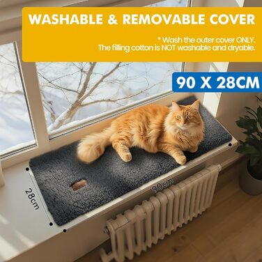 Килимок-лежанка для котів на підвіконня з підігрівом, 90 x 28 см, сірий. Тепла, м'яка, неслизька, для котів.
