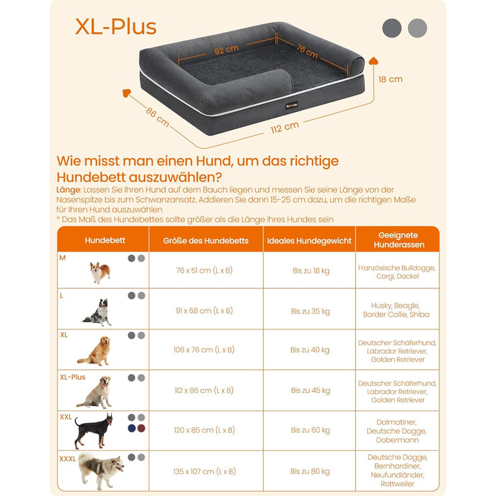 Ортопедичне ліжко для собак Feandrea, м'яке, з піднятими бортиками, знімний чохол, 112 x 86 x 18 см, антиковзаюча підставка, темно-сірий