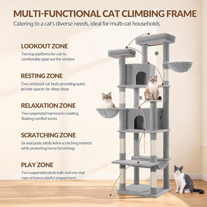 Дерево для котів Kratzbaum Groß 216 см, XXL, з 2 затишними будиночками, 2 платформами, 2 кошиками, гамаком, сірий, для дому