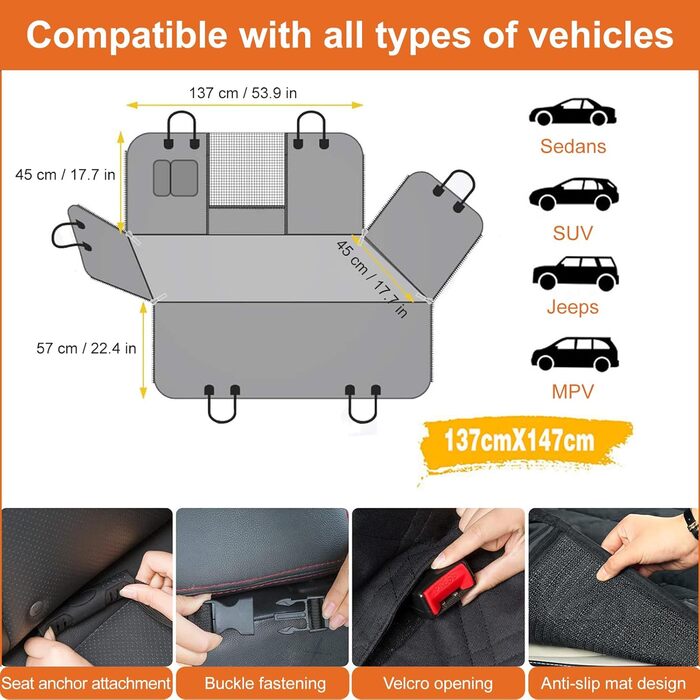 Накладка на заднє сидіння автомобіля для собак, 147 см, водонепроникна, з віконцем, 600D Oxford, захист для заднього сидіння, підходить для SUV та універсалів