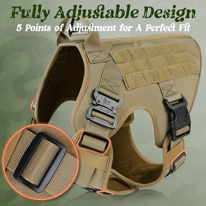 Шлейка для собак Rabbitgoo для великих собак без натягу, тактична нагрудна шлейка з MOLLE, металеві пряжки, дихаюча, військова, регульована, з підкладкою, L (1 шт., коричнева)