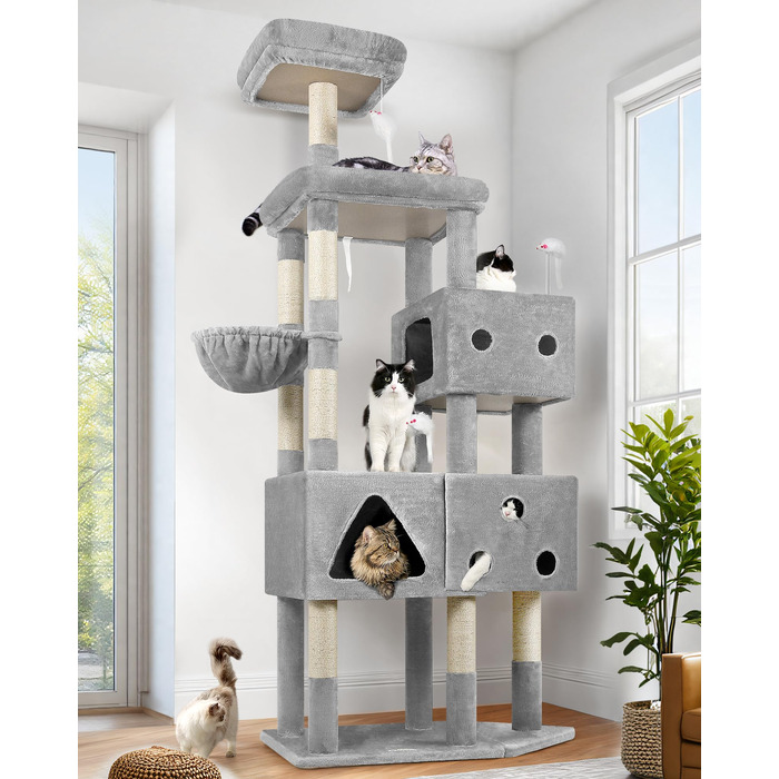 Комплекс для котів Globlazer XXL 207 см з будиночком 45x35 см, платформами, стійками та кошиком, 8 стовпчиків з сизалю, сірий