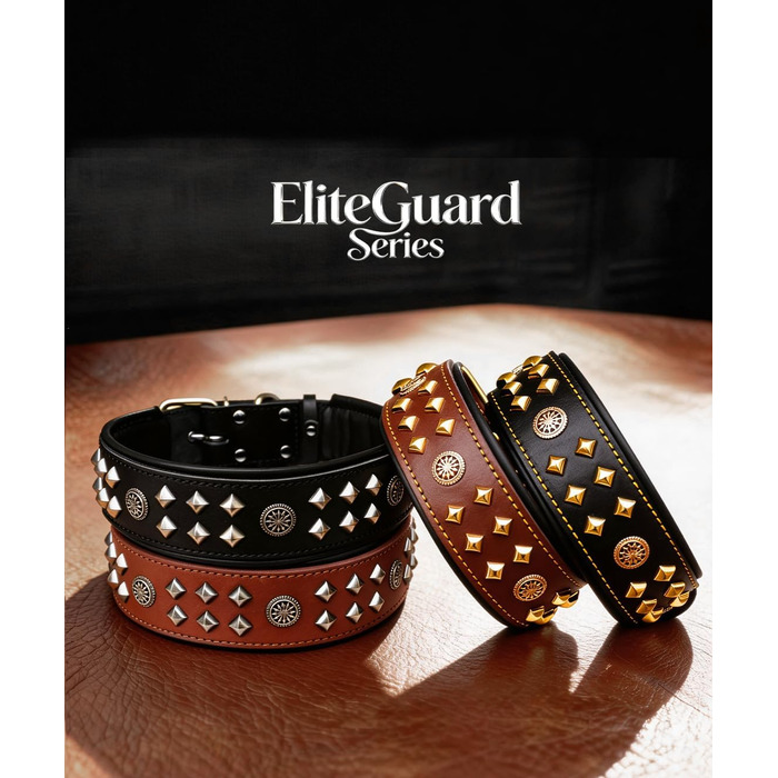 Нашийник EliteGuard для собак шкіряний, 5.6 см, ручна робота, з заклепками та сталевою фурнітурою, коричнево-золотий, 45.5-56 см