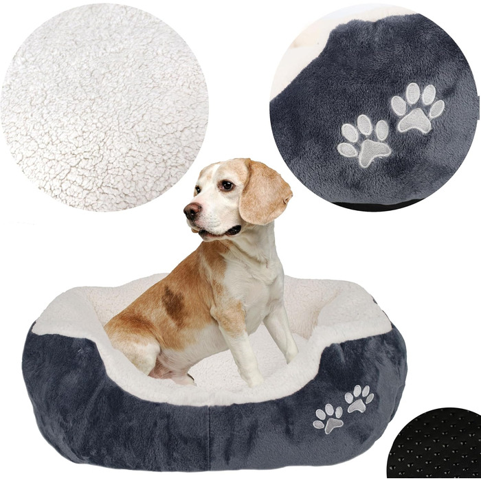 М'яке та пухнасте ліжко для собак та котів 57x52x16 см - зручне лежання з підвищеним бортиком, антиковзаюче дно, міцне та легке у догляді - біле/графіт