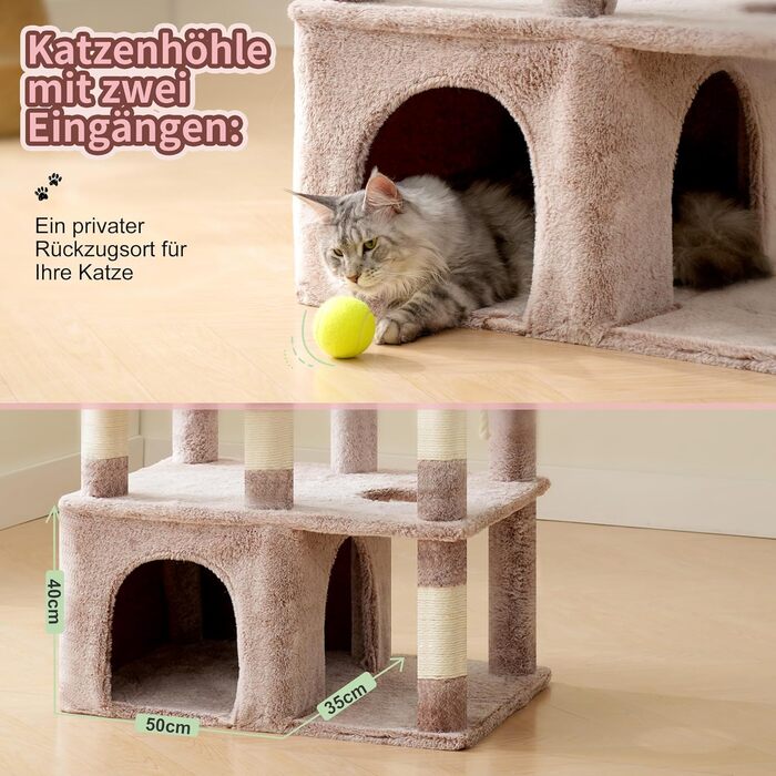 Кігтеточка Heybly Kratzbaum 180 см: велика, стійка, з будиночком, гамаками, для мейн-кунів та інших великих котів, коричнево-бежева