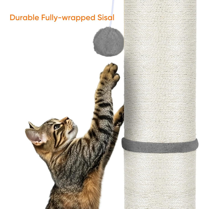 Кігтеточка для котів PAWSCRAT, 81.3 см, великий діаметр, сизаль, з м'ячиком, стійка до подряпин, довговічна, для дому, захист меблів, сірий