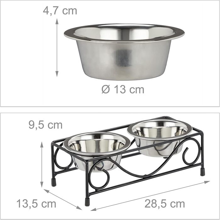 Набір мисок для собак Relaxdays з підставкою, 2 миски з нержавіючої сталі по 300 мл, чорний/сріблястий, для корму та води
