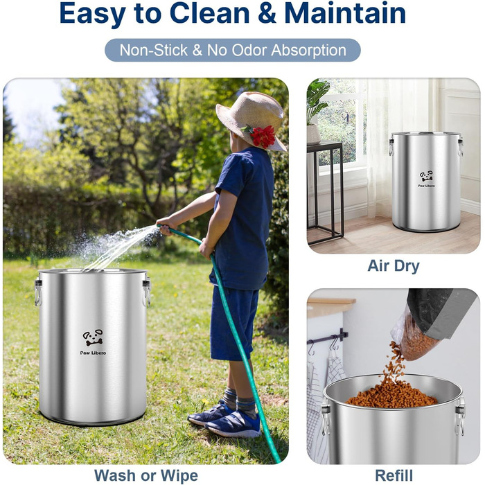 Контейнер для корму для собак та котів Paw Libero, 2 шт., 25 кг (50 кг загалом), нержавіюча сталь, з кришкою з дерева та ручкою з кераміки