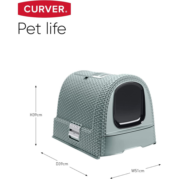 Туалет для котів Curver Petlife з кришкою та лопаткою, сучасний дизайн під ротанг, сірий-синій, 51,5x38,5x40 см