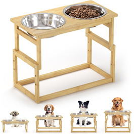 Підвищені годівниці для собак великих порід, бамбук, підставка з 2 великими мисками для води та корму, білий колір, об'єм 2.5л