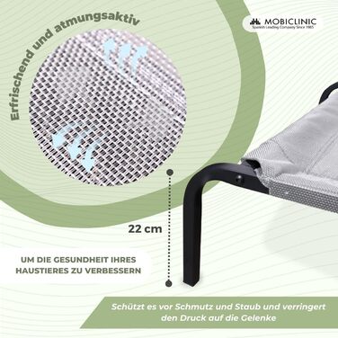 Mobiclinic® Cleo: Підвищене собаче ліжко, сіре, 122x71x21 см. Ізольоване, для внутрішнього та зовнішнього використання, міцне, легко миється, без інструментів, до 60 кг