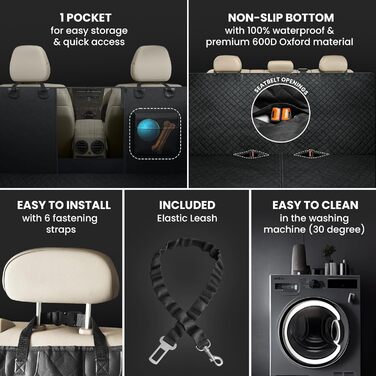 Захисний килимок для собак у машину: заднє сидіння, багажник, переднє сидіння + поводок для собак | Водостійкий, неслизький, можна прати | Захист сидіння авто від собак, багажника, сидінь | М'який чорний килимок для собак