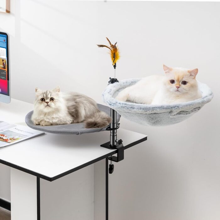 Крісло-лежанка для кота Uross на стіл - 360° обертання та регулювання висоти, м'яка гамачок для котів з 2 знімними чохлами, місце для сну для дому/офісу - для цілорічного використання (двошарове, сіре)