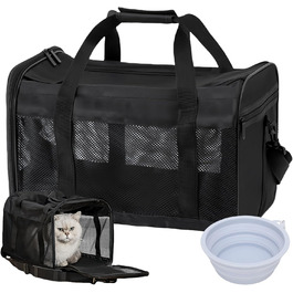Транспортна переноска для котів та собак, 42x27x28 см, чорна: складана, з мискою для їжі