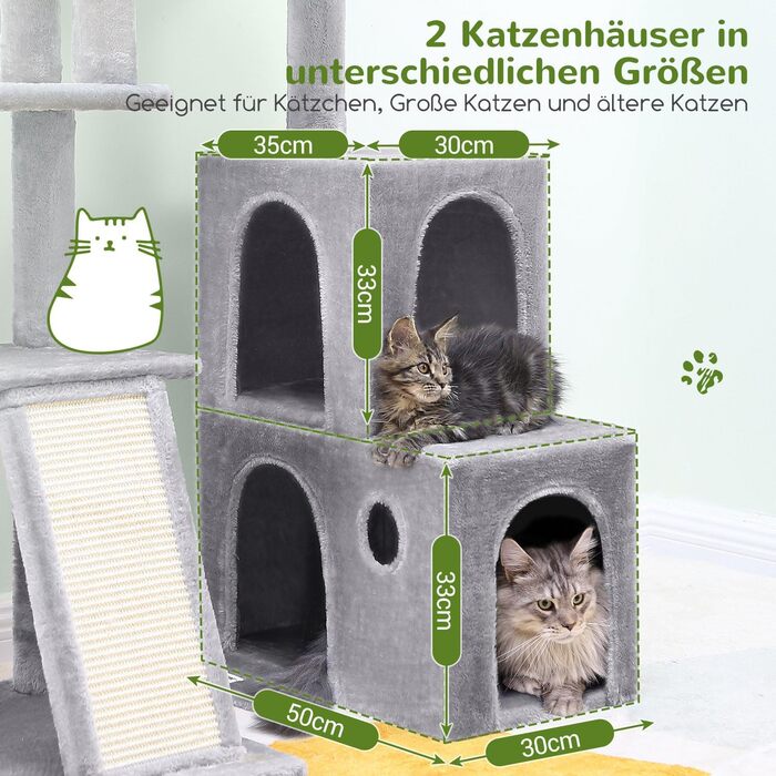 Дерево для котів Globlazer XL сірого кольору з 2 будиночками, платформами та когтеточками, для дорослих котів та кошенят