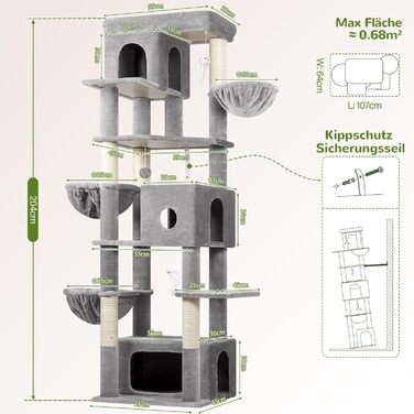 Драбина для котів Globlazer 204 см з 3 будиночками, 2 великими платформами, 3 м'якими кошиками, стабільна для 3-5 котів, для відпочинку, ігор та дряпання, сірий колір (XXL)