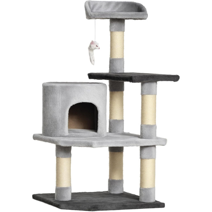 Кігтеточка PawHut для котів - велика кігтеточка-вежа 48x48x100 см з платформами, будиночком та сірим плюшем