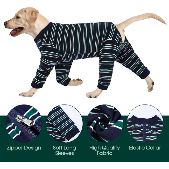 Комбінезон для собак Kuoser після операції, для великих собак, після кастрації, з довгими рукавами, альтернатива нашийнику, великий розмір XL/2XL (Rücken:49/55cm; Brust:71/80cm), смугастий темно-синій