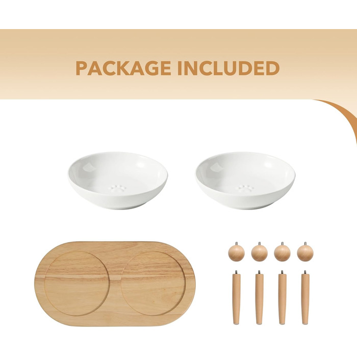 Миска для котів Havniva з піднятою керамічною платформою, широка для вусів, неслизька годівниця та поїлка з 2 підставками, регульований набір мисок (2 миски + підставка, Vintage Latte)