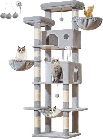 Кігтеточка для котів Taoqimiao 193 см, велика, XXL, з будиночками, гамаком, платформами та 8 стовпчиками для заточування кігтів, сірого кольору MS046W