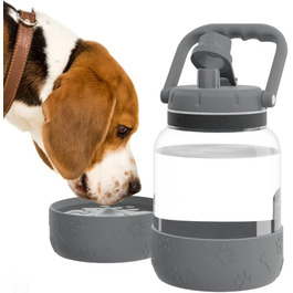 Asobu Barkley - Поїлка з мискою для собак, 1 л, Tritan, сіра | Для піших прогулянок, спорту та фітнесу