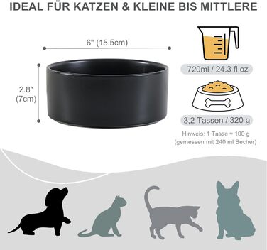 Керамічна миска для собак, миска для корму для собак, неслизька миска для маленьких та середніх собак, миска для води для великих котів, керамічна миска для корму та води, 15 см, 320 г / 720 мл, білий, 15,5 см Ø / 0.72 л (глибока)